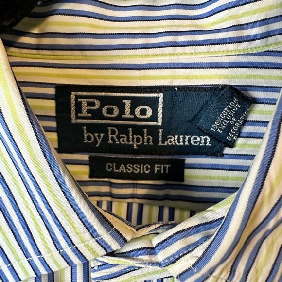 EUC POLO Ralph Lauren Men’s Blue/Yellow Striped Button Up Dress Shirt - Size M - Picture 5 of 6